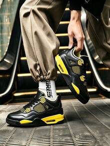 Men Women Couple 90s Retro Basketball Shoes, Mesh Synthetic Leather Upper, Visible Large Air Cushion, Stain Resistant Black Yellow, For Daily Wear, Sports & Gym - 黑色 - 查看 4