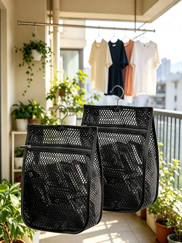 Outdoor Mesh Laundry Bag For Drying Clothes, Zippered Laundry Bag, Large Opening Design, High-Capacity Laundry Storage Bag With Hooks, Zippered Laundry Bag, Laundry Bags