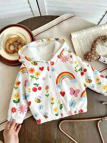Young Girl Cartoon Print Warm Hooded Jacket - White - View 2