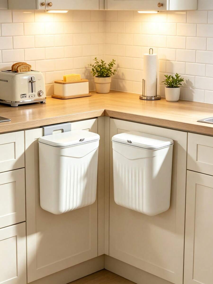 1pc Wall-Mounted Trash Can With Lid, Large Capacity Plastic Hanging Waste Bin, Suitable For Kitchen Trash Can, Room Decor, Bathroom Trash Can, Bathroom Decor, Trash Can For Bathroom, Trash Can For Bedroom, Kitchen Trash Can, Bathroom Accessories, Trash Cans Kitchen, Kitchen Essentials - Multiple Styles - View 1