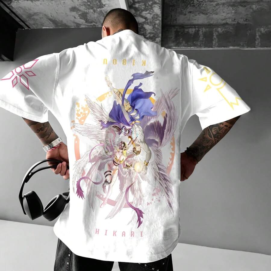 Anime Angewomon Summer T-Shirt Men Women Haruku Vintage Streetwear Short Sleeve Oversized Loose Casual Fitness Y2k Top - Shape - View 1