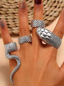 4Pcs Vintage Silver Tone Snake Pattern Rings Set Retro Textured Knuckle Rings Punk Style Women Party Jewelry - Antique Silver - View 6