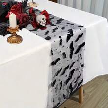 1 Roll Cuttable Spider Web Table Runner, 108.2in*11in. Halloween Decor Tablecloth With Skull, Spider Web And Bat Patterns, Suitable For Dining Table, Living Room And Home Decor, Halloween Party Supplies, Essential For Dining Table, Halloween Gift, - Multiple Styles - View 4