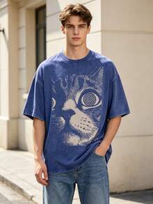 Spiral Eye Cat Portrait Hatching Sketch Print 1pc 230g Cotton Oversized Graphic Tees Men Summer Beach Daily - 藍色 - 查看 3