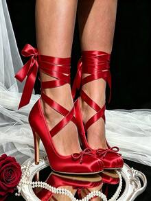 Ballet Stiletto Heels Satin For Women Square Toe Bow Lace Up Ribbon Strappy Mary Jane Slingback Ballerina Pumps Lolita Party Wedding Prom Dress Shoes - 紅色 - 查看 1