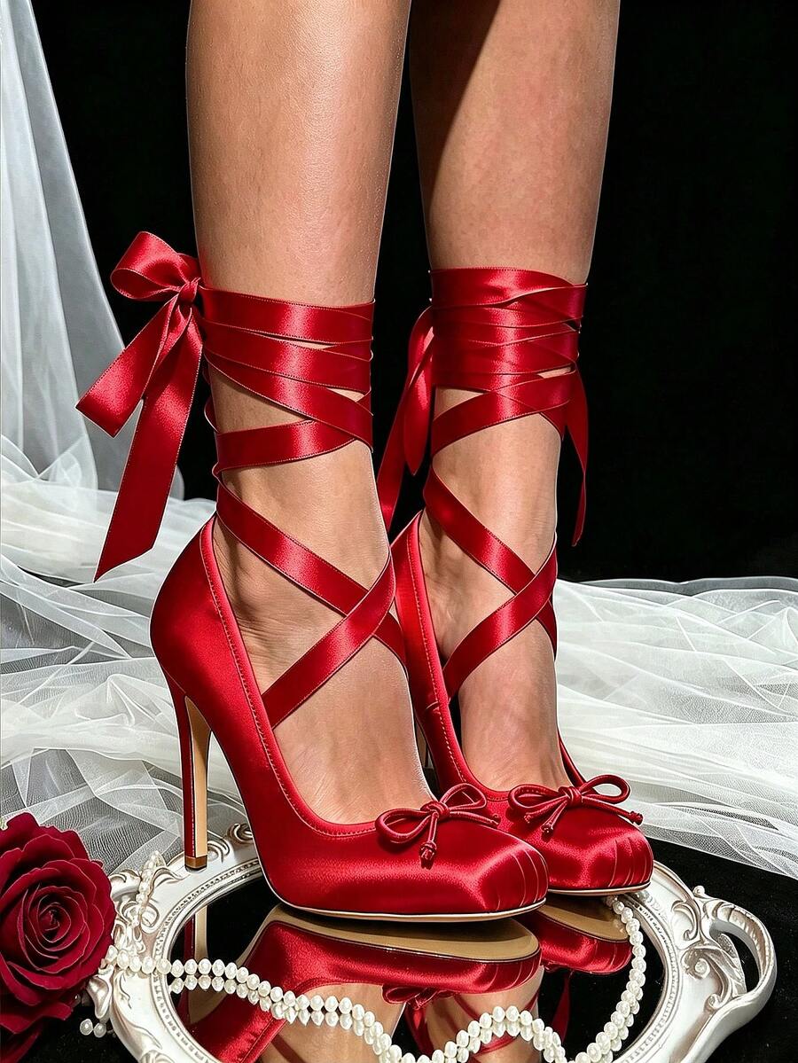 Ballet Stiletto Heels Satin For Women Square Toe Bow Lace Up Ribbon Strappy Mary Jane Slingback Ballerina Pumps Lolita Party Wedding Prom Dress Shoes - 紅色 - 查看 1