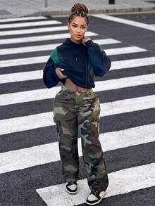 美式街头风迷彩工装直筒牛仔裤，休闲春季款 - 軍綠色 - 查看 1
