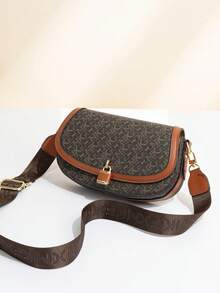 MKF Women's Vintage Floral Luxury Saddle Bag, 2026 New Letter Logo Crossbody Bag, Lock Flap Wide Strap Shoulder Bag, Brown PU Trim Adjustable Shoulder Strap Handbag, Daily Commute Bag, Women's Daily Travel Handbag, All-Season Versatile Everyday Style - Multicolor - View 6