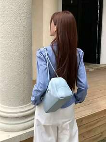 Autumn Vintage Blue Design Asymmetrical High-End Fashion Striped Long Sleeve Blouse Top - Blue - View 6