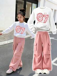 Tween Girl Digital Print Warm Crew Neck Sweatshirt And Cargo Pants - White - View 1
