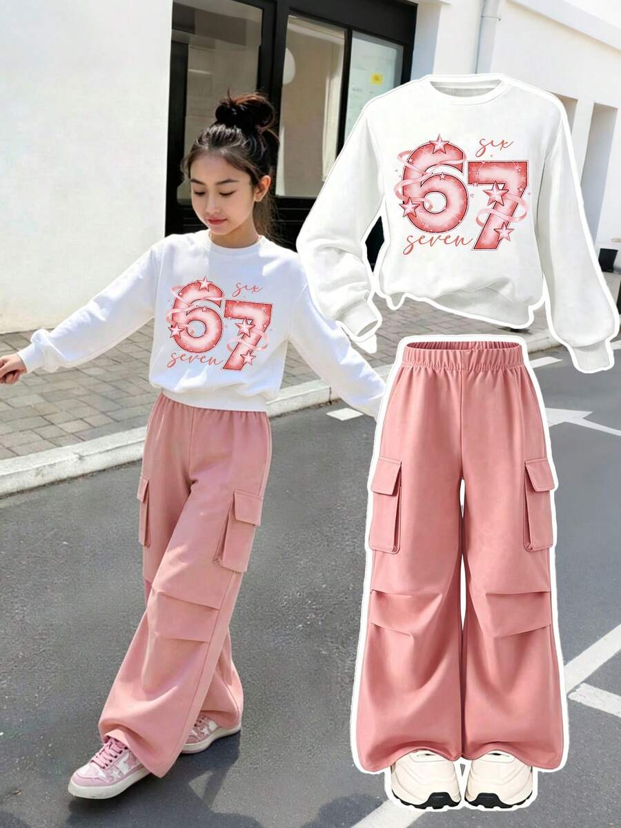 Tween Girl Digital Print Warm Crew Neck Sweatshirt And Cargo Pants - White - View 1