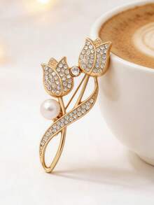 1pc Rhinestone Tulip Flower Brooch, Anti-Glare Suit Lapel Pin, Collar Jewelry - Yellow Gold - View 4