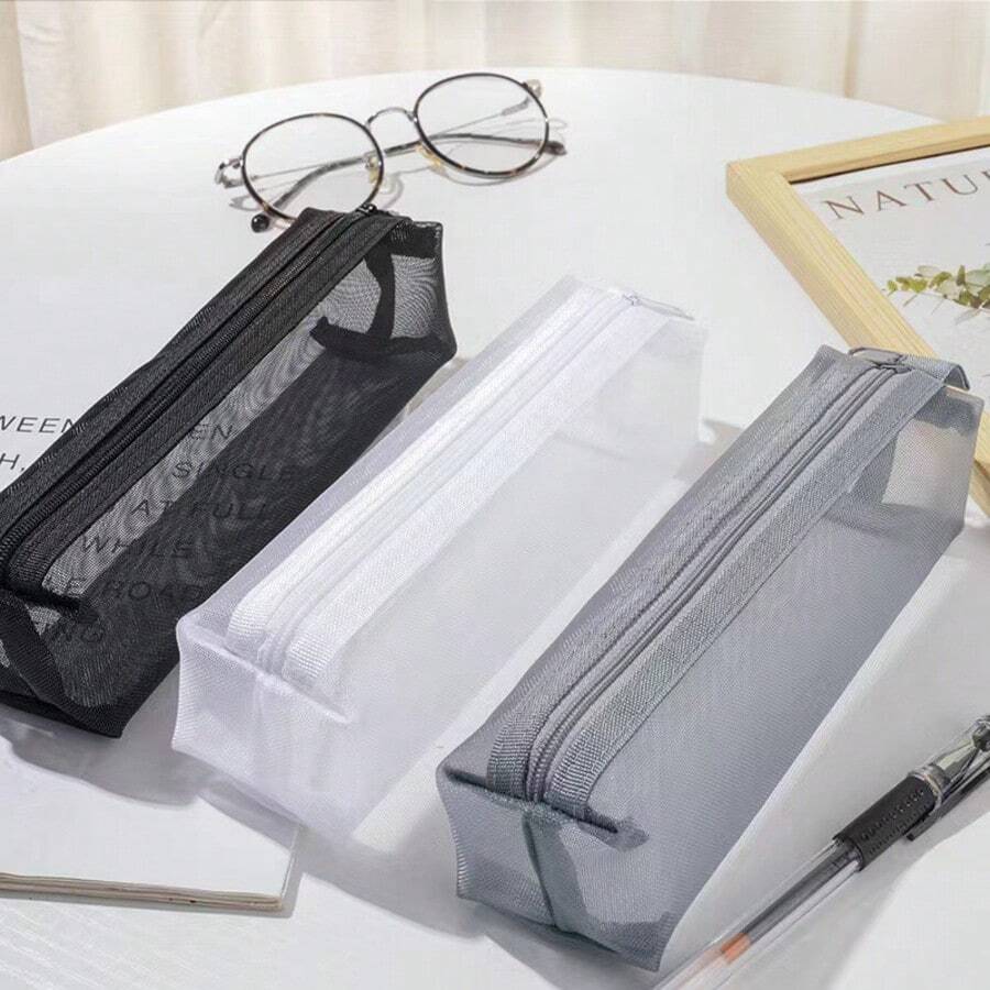 1/2pcs Minimalist 3D Mesh Pencil Case Large Capacity Transparent Zipper Stationery Storage Bag Portable Handheld Pencil And Cosmetic Organizer Suitable For School Office Daily Use - A - View 1