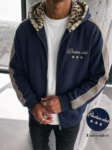 American Vintage Y2K Leopard Print Zip-Up Cardigan, Side Stripe With Five-Star Small Embroidery, Oversized Hip-Hop Commuter Jacket - Navy Blue - View 3