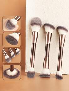 ronshadow 3pcs Brown Dual-Ended Multi-Brush Face Makeup Brushes, Angled & Round Head Combination, Blush Highlighter Contour Setting Powder Multi-Function Soft Bristle Beginner Makeup Tool - Chocolate Brown - View 2