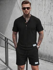 Men's Spring/Summer 3-Button Henley Short Sleeve Shirt And Drawstring Shorts Solid Color Jacquard Casual Vacation Regular Fit Set, Commute Casual Textured 2 Pieces Outfit - Black - View 2
