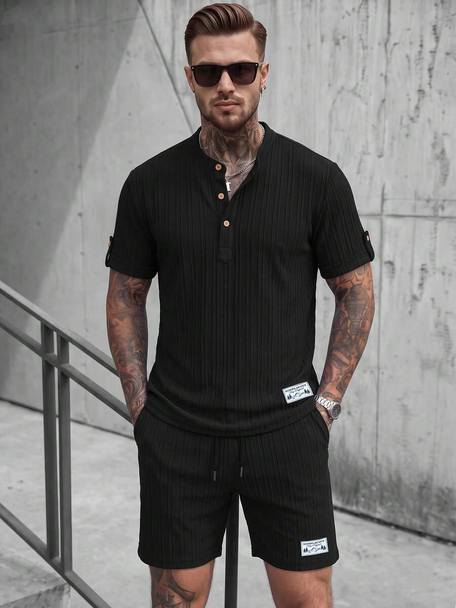 Men's Spring/Summer 3-Button Henley Short Sleeve Shirt And Drawstring Shorts Solid Color Jacquard Casual Vacation Regular Fit Set, Commute Casual Textured 2 Pieces Outfit