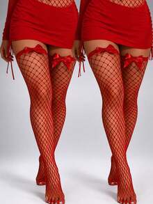 1/2 Pairs Women's Fishnet Thigh High Socks, Red & Black Color Over-The-Knee Socks With Satin Bow, Sexy Fishnet Stockings, Suitable For Valentine's Day, Party And Date Night - Multicolor - View 11