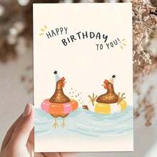 1pc Funny Birthday Card: A Chicken Wearing A Party Hat And Holding A Swim Ring, Featuring Cartoon Style Chicken Pool Party Pattern And Vibrant Colors. Card Comes With Envelope. Perfect For Friends, Family And Colleagues. - Multicolor - View 2