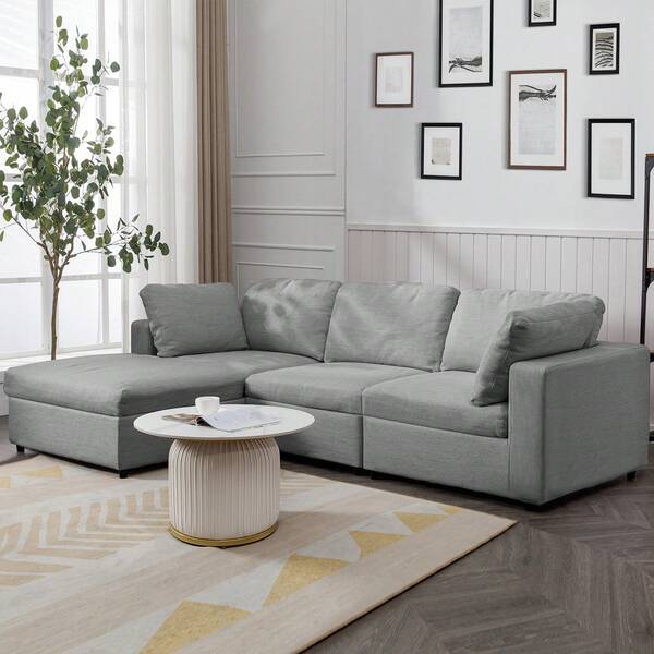 106.7" L‑Shaped Linen Sectional Sofa With Right Chaise Lounge, 4‑Seater Upholstered Couch With Pocket Coil Cushions For Living Room & Apartment