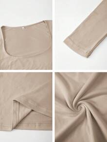 GLAMSKIN 女款條紋性感修身長袖針織上衣，純色方領基礎 T-shirt，適合秋季出遊、休閒街頭穿搭、返校季 - 土棕色 - 查看 11