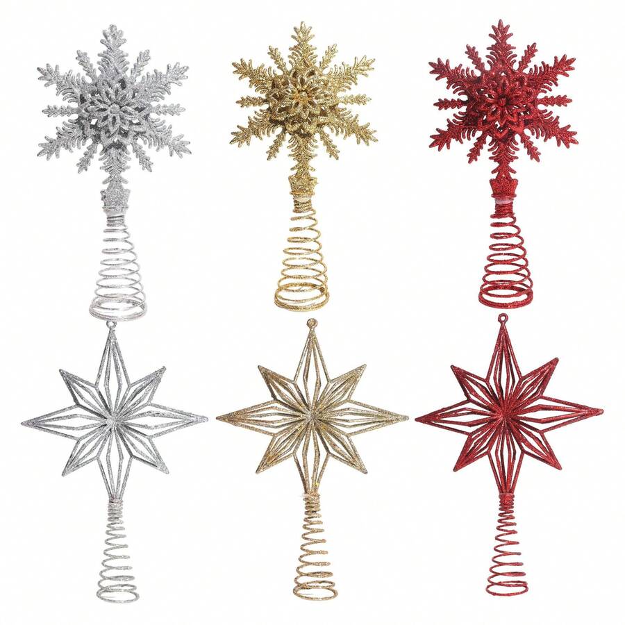 1Pc Glitter Snowflake Star Tree Topper, Spring Coil Base, Shiny Metal Red Gold Silver, Detachable Stand, Durable Non-Fading, Lightweight Easy Hang, Festive Xmas Ornament, Winter Holiday Home Decor, Mantel Desk Front Door Indoor Scene - Christmas - View 1