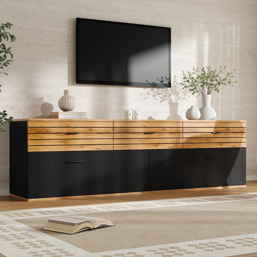 TV Stand With 2 Doors And 3 Drawers – Black & Natural - 黑色和自然色 - 查看 1