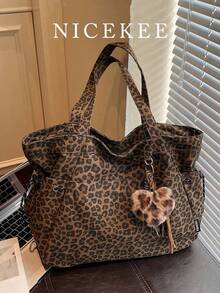 Nicekee Retro Popular Leopard Print Large Capacity Tote Bag, Niche Design Multi Pocket Shoulder Bag, Exquisite Heart-Shaped Pendant,Suitable Commuting - Multicolor - View 2