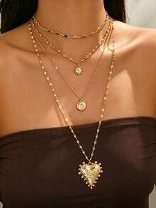 4pcs/Set Fashionable Design Colorful Rhinestone Necklace Elegant Versatile Gold Heart Sun Moon Pendant Decor Multi-Layer Stackable Necklace Popular Women's Neck Jewelry Suitable For Daily Wear And Date Party Wear Handmade Chain Cut By Length Number Of Sections Colorful Rhinestone Quantity And Color Arrangement Are Random And Not Fixed - Multicolor - View 1
