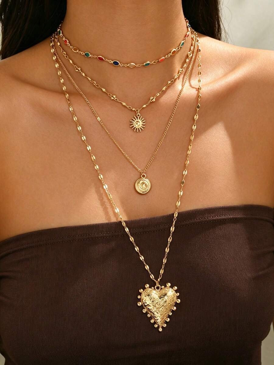 4pcs/Set Fashionable Design Colorful Rhinestone Necklace Elegant Versatile Gold Heart Sun Moon Pendant Decor Multi-Layer Stackable Necklace Popular Women's Neck Jewelry Suitable For Daily Wear And Date Party Wear Handmade Chain Cut By Length Number Of Sections Colorful Rhinestone Quantity And Color Arrangement Are Random And Not Fixed - Multicolor - View 1