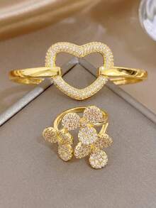 Hollow Heart Zirconia Cuff Bangle&Flower Diamond Open Ring Jewellery Set,Women Golden Jewelry Combo,Holiday Essentials Romantic Dating Party Accessories - Multicolor - View 3
