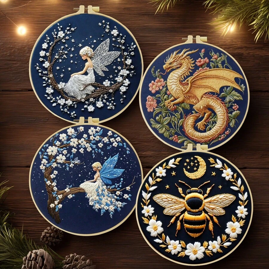 1PC 20*20cm/7.9*7.9in,Evening Theme: Animals And Fairies Embroidery Kit, DIY Handmade Embroidery Set For Adult Beginners, Home Gift, Women's Sewing Gift, Including User Manual, Printed Pattern Fabric, Embroidery Frame, Needle And Thread.