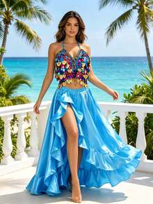 V Neck Multicolor Sequin Gold Decor Halter Dance Crop Top Satin High Waist Ruffled High Slit Flowy Maxi Dance Skirt Stage Performance Dance Outfit - Multicolor - View 4