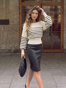 Autumn White Black Striped Boat Neck Knit Sweater For Women Petal Sleeve Shoulder Button Ribbed Waist Soft Knit Tops Casual Fall Daily Outfits - White - View 8