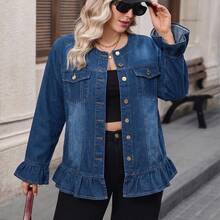 Women's Plus Size Deep Blue Ruffle Trim Denim Jacket, Traceable Cotton Casual - Dark Wash - View 7