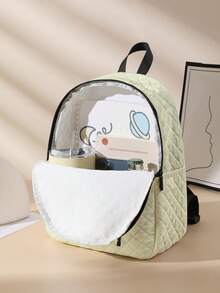 1pc Diamond Quilted Backpack, School Bag, Storage Bag, Travel Storage Backpack, Frog & Crocodile Print Design, Large Capacity Foldable Easy Storage Bag, Lightweight & Burden-Reducing, Reinforced Shoulder Straps + Zipper Closure, Large Capacity Storage More Organized, Convenient & Practical For Retrieving Items, Suitable For Student School Bag, Girl's Commuter Backpack, Short Trip Bag, Campus Casual Backpack, Applicable For School Books, Daily Commute, Outdoor Travel - Multicolor - View 4