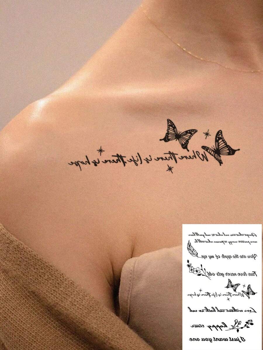 1張臨時紋身貼紙,Where There Is Life There Is Hope 文字蝴蝶星星假紋身貼,防水持久勵志語錄身體藝術貼紙,適用於肩部鎖骨,適合女性女孩 - 黑色 - 查看 1
