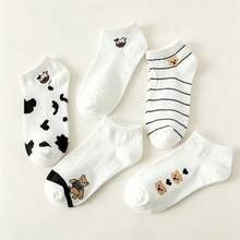 5 Pairs Cute Animal Print Women's Casual Short Leg Warmers Set, Cow Dog Bear Pattern - A - View 2