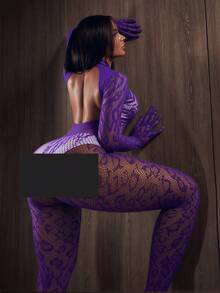 Women's Stand Collar Elastic Fishnet Long Sleeve Sexy Cutout Bodysuit - Purple - View 3
