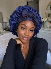 Double Layer Satin Bow Hair Bonnet, Women's Wide Brim Elastic Sleep Cap, Reversible Silky Night Cap, Protects Curly Hair, Suitable For Sleep And Daily Use - Multicolor - View 3