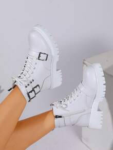 Women's White Buckle Decor Ankle Boots, Lace-Up Thick Sole Work Boots - White - View 2
