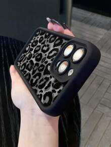 1 Pack Chic Grey Leopard Print TPU Case, Black Frame Velvet Pattern, Daily Use, Gift For Friends, Mom, Besties, Apple11, 13, Apple16 Pro Max, Apple17, 14 Pro Max, Apple15, 14, 17 Pro Max, 18 Pro Max, S26u, A57, A37, A16, A17, A56 5G Phone Case, Phone Case, Honor400 Etc. - Black - View 2