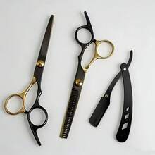 3pcs/Hair Clipper Set - Black & Gold Professional Hairdressing Scissors 3 Pieces Set, Straight Scissors + Thinning Scissors + Razor, Suitable For Home Haircutting And Salon Styling, Beginners Can Easily Create Exquisite Hairstyles, Manual Hair Trimming, Eyebrow Shaping And Face Shaving, Foldable For Home Use - Multicolor - View 3