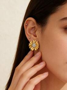 VceTd 1/2/3/4PCS Romantic Vacation Style Stainless Steel Women's Jewelry Set With Glass Inlaid Sunflower Decoration, Suitable For Women's Daily Wear Or Vacation Wear Or Holiday Gift - Yellow Gold - View 4