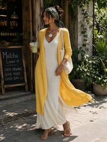 Women's Yellow Ribbed Long Knit Cardigan, V-Neck Open Front Knit Jacket, Casual Commute Versatile, Suitable For Spring, Summer And Autumn, Outdoor Top - Yellow - View 5