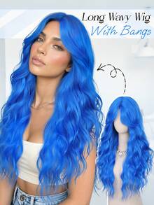Dark Blue Wig With Bangs For Women, 26 Inch Wavy Synthetic Wig Heat Resistant Synthetic Fiber, Trimmable Bangs, Lightweight For Daily Wear, Cosplay, Parties, Festivals, And Halloween - Multicolor - View 4