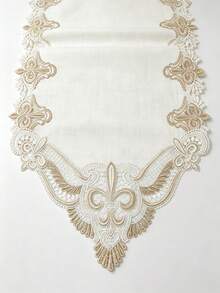 HXARTMIS 1pc Vintage Exquisite Gold Thread Embroidered Water-Soluble Lace Table Runner, European Style Hollow Pointed Table Runner, Suitable For Wedding, Dining Table And Home Decor - White/Coffee - View 6
