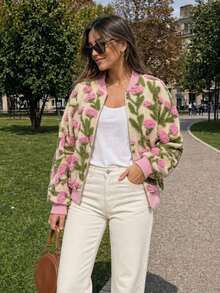 Women's Pink Green Floral Country Style Baseball Jacket Loose Cropped Long Sleeve Terry Jacquard, Vacation Commute Back To School Fall - Multicolor - View 3