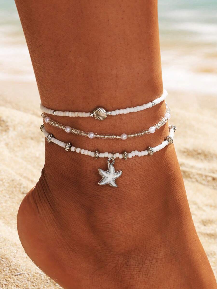 3pcs Fashion Summer Vacation Style Layered Starfish & Shell Pendant Necklace With Rice Bead Chain, Elegant And Unique For Women, Suitable For Beach Wear - Silver - View 1