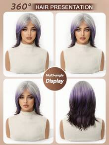 Ombre Silver To Dark Purple Medium Length Layered Synthetic Wig Middle Part, Natural Soft Heat Resistant Full Wig For Daily Cosplay Party Halloween - Ombre - View 7